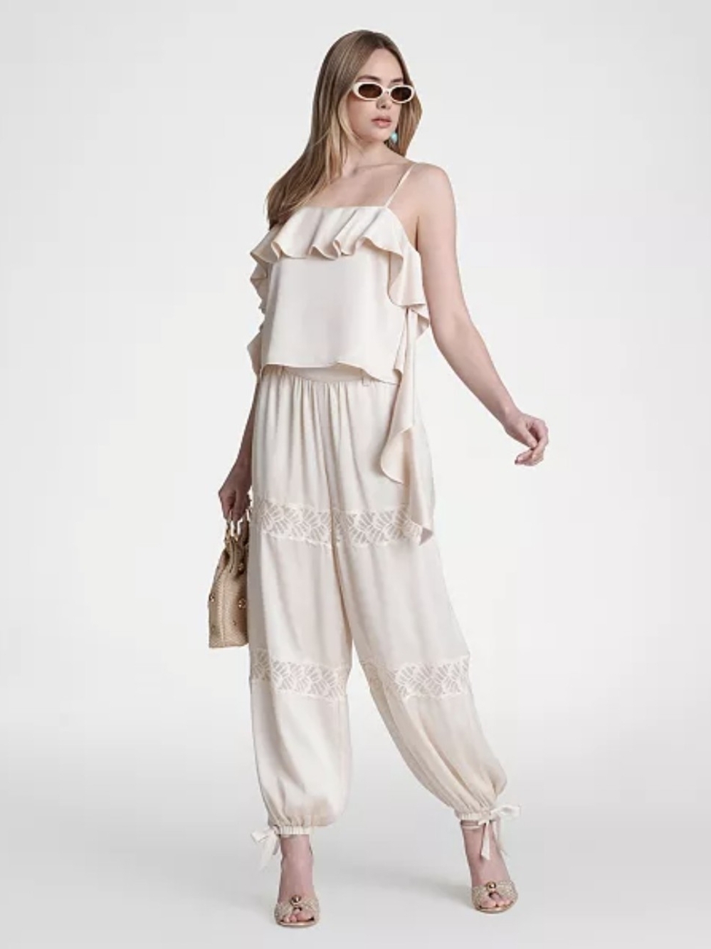 Avec Les Filles Satin Crepe Lace Trim Balloon Pants Ivory Size 2
